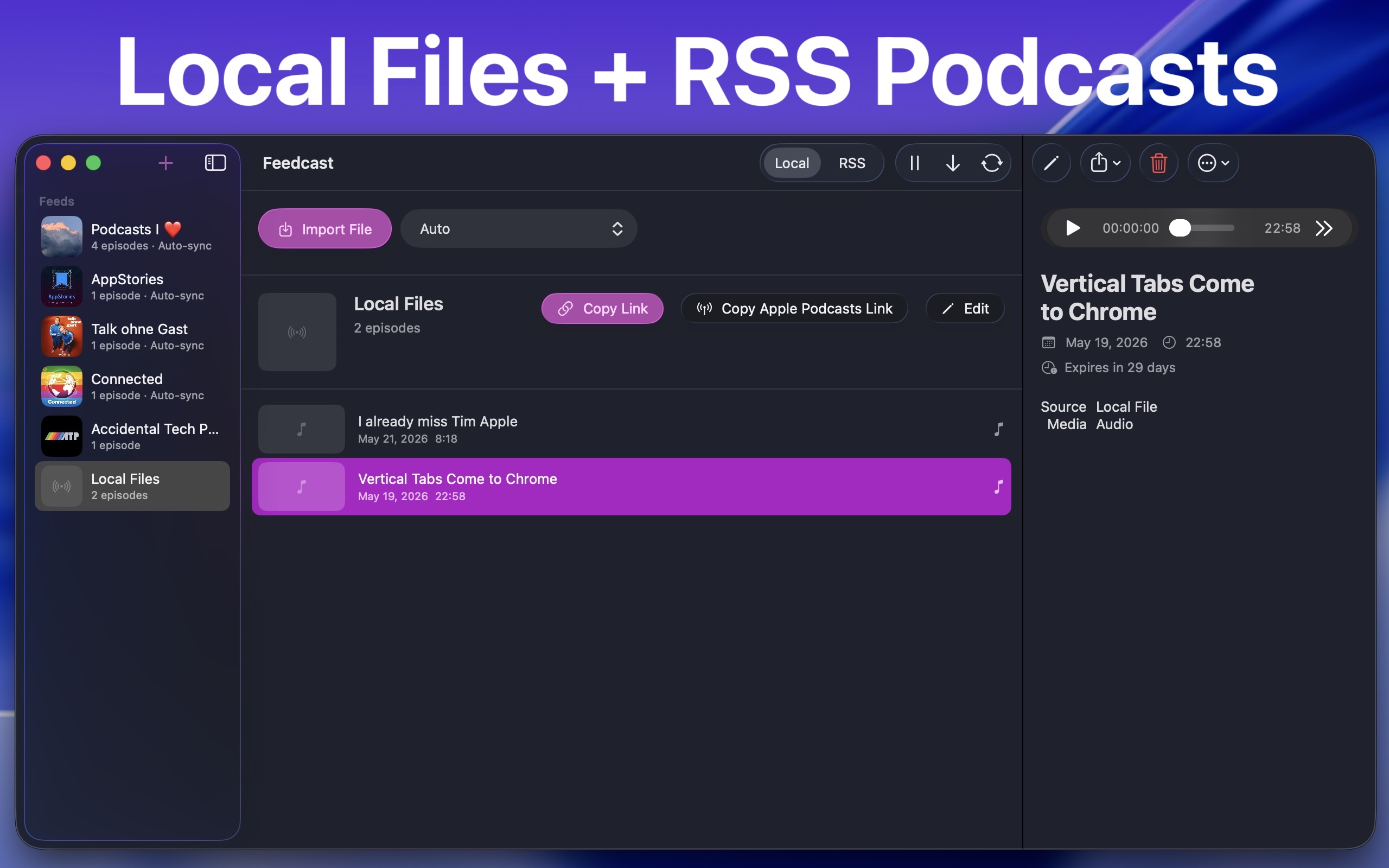 Feedcast showing local files and RSS podcasts in one library